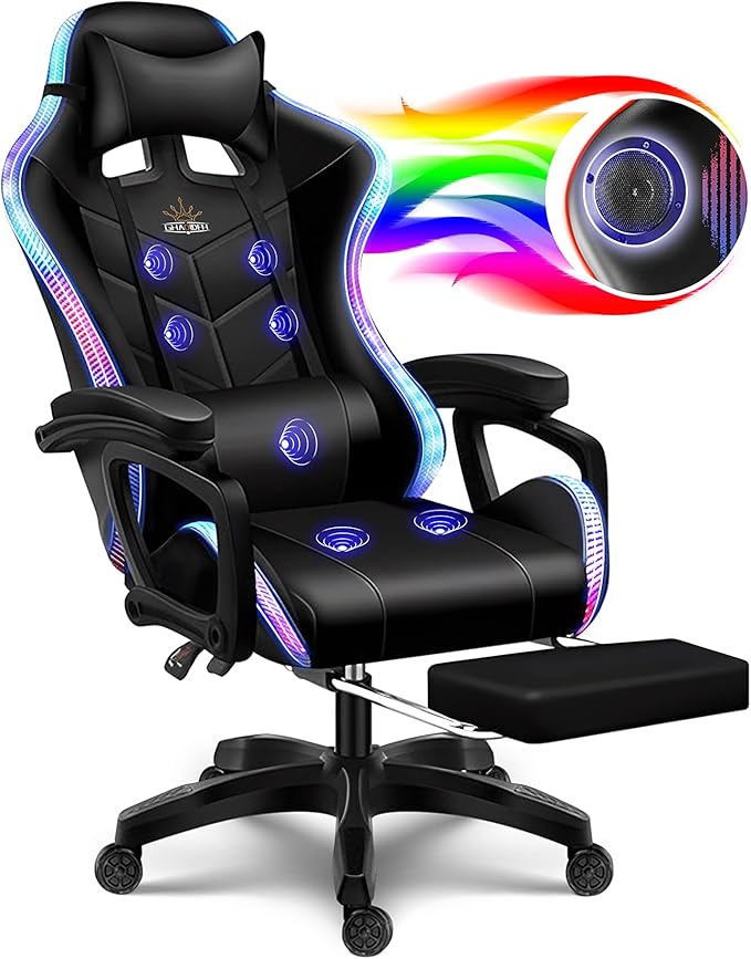 Gaming Chair with LED Lights and Speakers Music Video Chair for Adults with Massage and Footrest Ergonomic Chair with Headrest and Lumbar Support Maximum Load 150KG. (All Black)