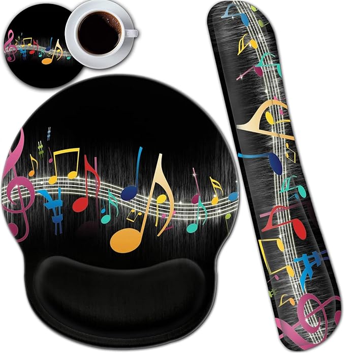 Ergonomic Gel Mouse Pad Wrist Support + Memory Foam Keyboard Wrist Rest for Home Office Gaming Desk Pad Easy Typing Pain Relief Hand Rest Pad Cute Round Desk Mat Music Note Pattern Black Mousepads