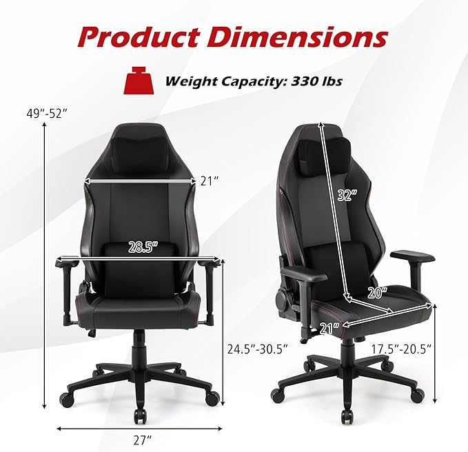 Giantex Gaming Chair Video Game Chair with Magnetic Headrest &amp Lumbar Support Ergonomic Computer Chair w/Rocking Function &amp 2D Armrests Height Adjustable Swivel Task Chair Black