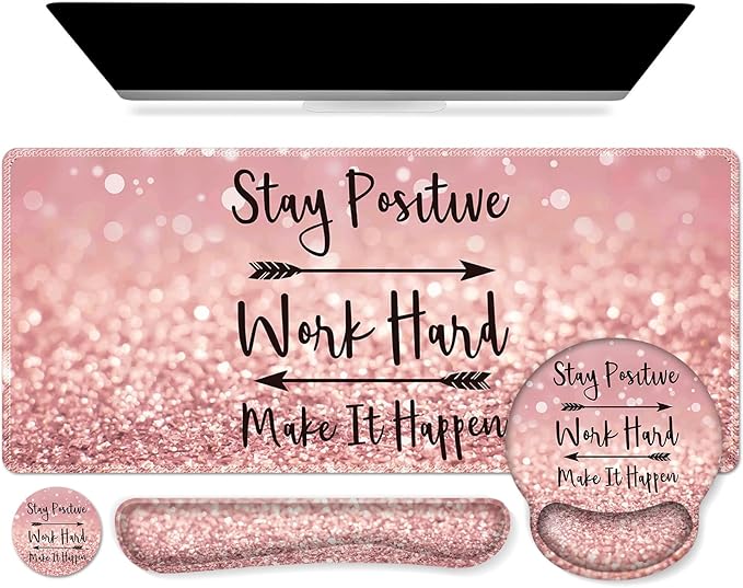 iCasso Mouse PadLarge Pink Desk Mat Set 4in1 XXL Mousepad + Keyboard Wrist Rest+Mouse Wrist Rest+Coaster with Ergonomic Desk Pad for Home Office Table Computer Cover -Pink Stay Positive