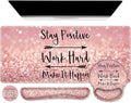 iCasso Mouse PadLarge Pink Desk Mat Set 4in1 XXL Mousepad + Keyboard Wrist Rest+Mouse Wrist Rest+Coaster with Ergonomic Desk Pad for Home Office Table Computer Cover -Pink Stay Positive