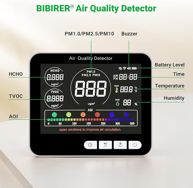 14 in 1 Air Quality Monitor Indoor with Beep Alarm 6 AQI Air Quality Detector with PM1.0|PM2.5|PM10|HCHO|TVOC|AQI|Temperature|Humidity|Time for Home Hotel Office Car Battery Powered Air Monitor