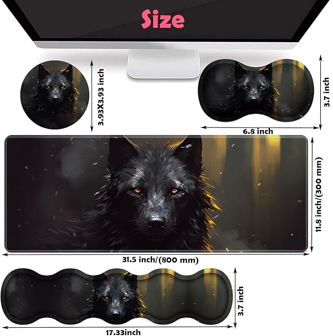 Large XXL Gaming Desk Mat 31.5x 11.8 Ergonomic Keyboard Wrist Rest &amp Mouse Pad Wrist Rest + Coaster Set Non-Slip Base Memory Foam Office and Home Black Wolf