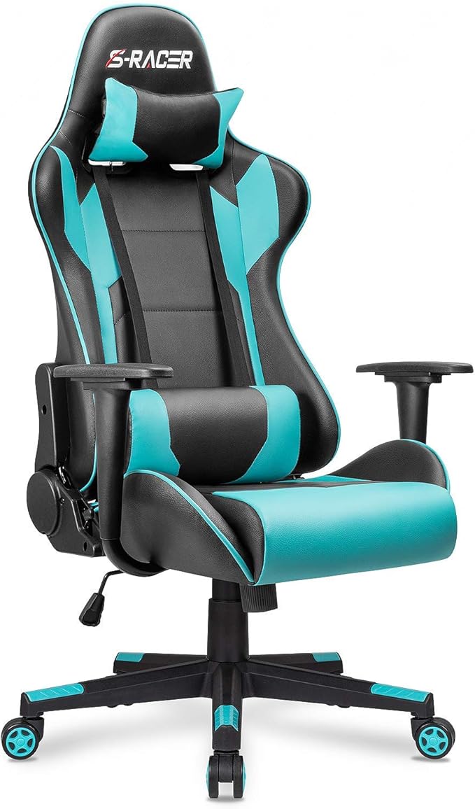Homall Gaming Chair Office Chair High Back Computer Chair Leather Desk Chair Racing Executive Ergonomic Adjustable Swivel Task Chair with Headrest and Lumbar Support(Cyan)