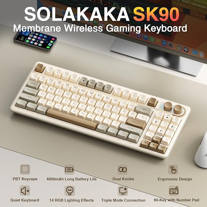 SOLAKAKA SK90 75% Wireless Gaming Keyboard - 4000mAh Tri-Mode (BT5.0/2.4G/USB-C) Cute Creamy Gaming Keyboard with Number Pad Media Knob RGB Backlit Quiet Keys Silent Office Keyboards for PC MAC