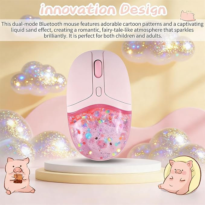 elec Space Wireless Bluetooth Mouse -Cute Clear Aqua Design Glitter Liquid Sand Water Mouse with Optical Precision Silent Clicks LED Breathing LightTransparent Retro Style for Home Office (Pink)