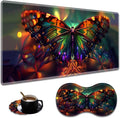 Extended Non-Slip Mouse Pad + Mouse Wrist Rest + Lace-Shaped Coaster Set Ergonomic Design Suitable for Desk and Home Gaming Table Mat Psychedelic Butterfly