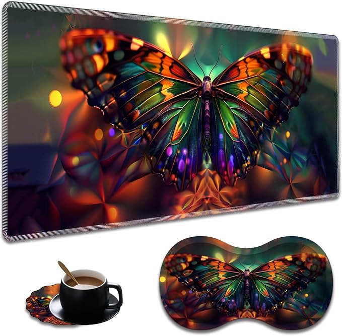 Extended Non-Slip Mouse Pad + Mouse Wrist Rest + Lace-Shaped Coaster Set Ergonomic Design Suitable for Desk and Home Gaming Table Mat Psychedelic Butterfly
