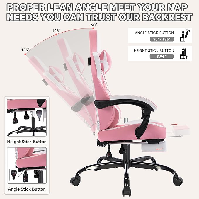 Gamer Chair Computer Chair Gaming with Adjustable Headrest Lumbar Support Ergonomic Rotatable Seat for Living Rooms Bedrooms and Offices (Pink)