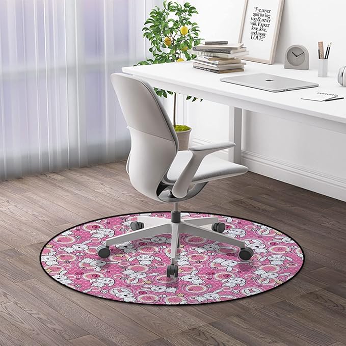 White Pink Office Chair Mat Rabbits Funky Animals Bunnies Kids Humor Print Non Slip Round Floor Mat for Hardwood Floor and Protector for Rolling Chair Anime Diameter 48 in