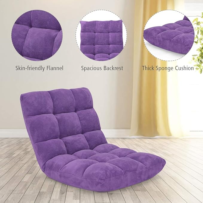 DORTALA Floor Gaming Chair with Back Support 14-Position Adjustable Banana Chair for Adults Foldable Floor Seats for Reading Gaming (Purple)
