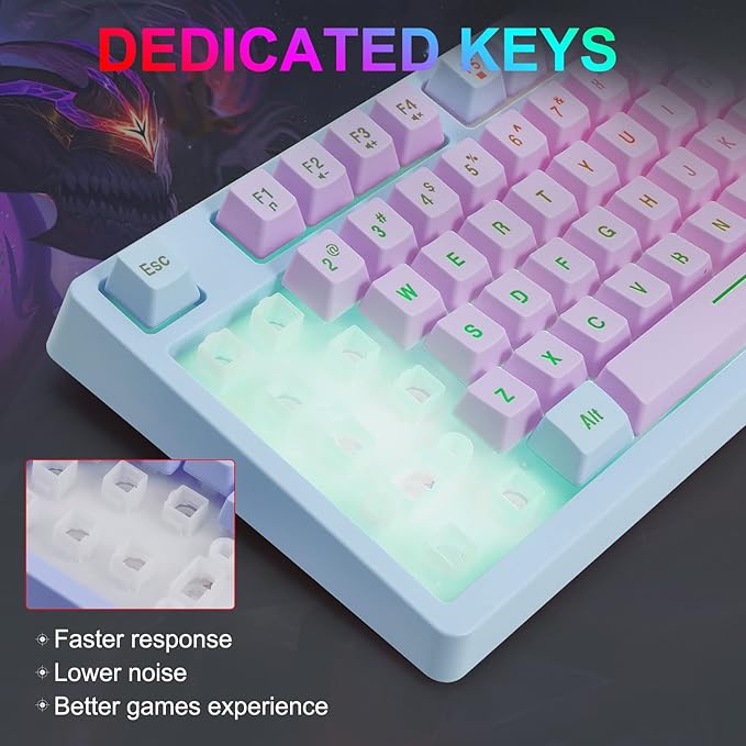 HUO JI Gaming Keyboard USB Wired with Rainbow LED Backlit Floating Keys Mechanical Feeling Spill Resistant Ergonomic for Xbox PS Series Desktop Computer PC Purple Blue