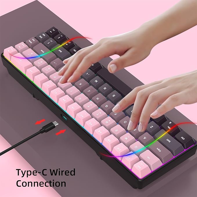 68 Keys Mechanical Gaming Keyboard Gradient Color Wired Keyboard with RGB Backlit &amp Multimedia Function ABS Injection Keycap Hot Swap Mechanical for PC (Gradient Pink)