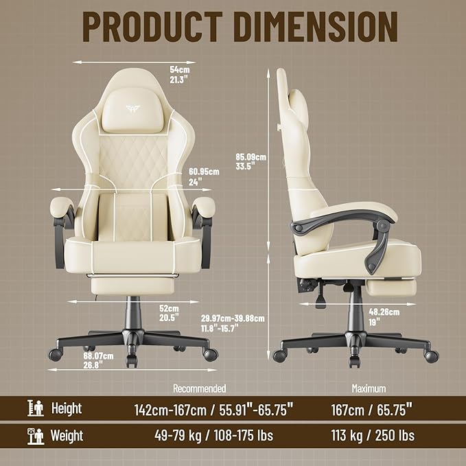 Soontrans PU Leather Gaming Chair with FootrestHigh Back Ergonomic Computer Gamer ChairComfortable Video Game Chair with Massage Lumbar Cushion Racing Reclining Office Desk Chair for AdultBeige