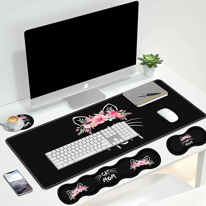 4 in 1 Ergonomic Keyboard Wrist Rest &amp Mouse Pad Wrist Rest Set Large XXL Gaming Desk Mat 31.5x 11.8 with Non-Slip Base Memory Foam for Home Office Study Gaming Cat Mom Floral