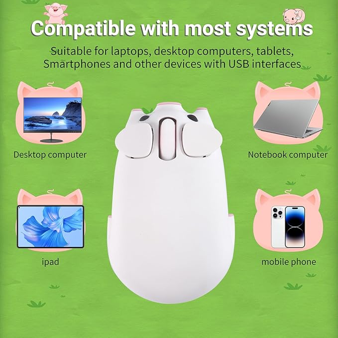 elec Space Cute Pig Design Wireless Mouse Dual Mode Bluetooth &amp USB Mouse Silent Operation Ergonomic Perfect for Laptops &amp PCs Ideal Gift for Animal Lovers and Family (White)