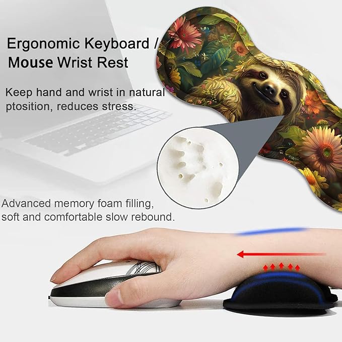 Large Gaming Mouse Pad Keyboard Wrist Rest Pad + Mouse Wrist Pad + Coaster 4 in 1 Set Extended Waterproof Non-Slip Desk Mat Suitable for Office Home Learning Games Flower Sloth