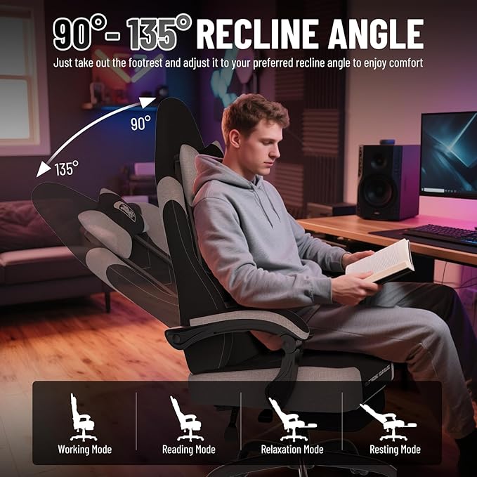 Ferghana Cotton Fabric Gaming Chair with Wider Seat Cushion Shield-Shaped Embroidery Ergonomic High Back Game Chair with Footrest Computer Chair with Massage Lumbar Support for Adult Black/White