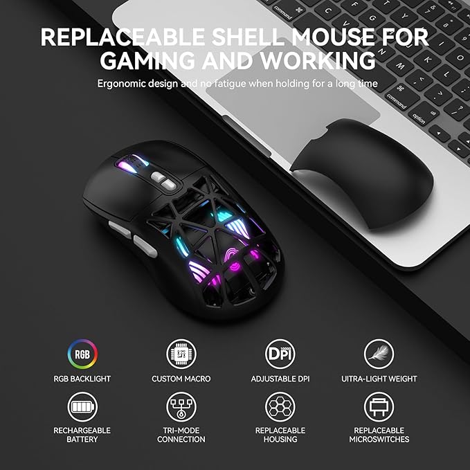FD Wireless Gaming MouseRechargeable RGB Programmable Macro Mouse10000 DPITri-Mode 2.4GHz/BT 5.0 with Wired3.7V 500mAh Built-in Battery for Laptop Desktop PC MacBook Chromebook - Black