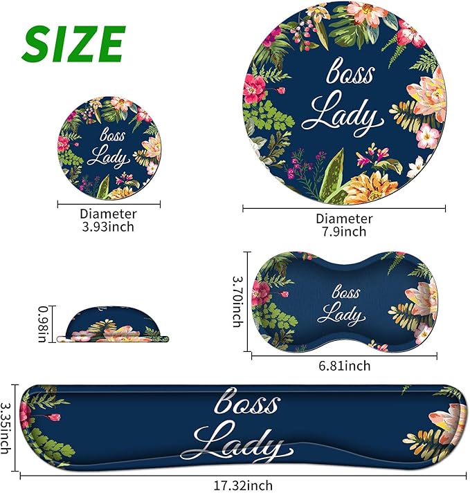 Ergonomic Keyboard Wrist Rests Gel Memory Foam Mouse Pad with Round Mousepad + Coasters Wrist Support Set with Non Slip Base for Gaming Office Laptop Easy Typing &amp Pain Relief Floral Boss Lady