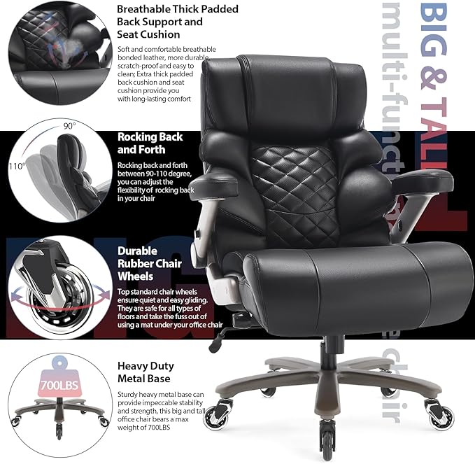 700lbs Big and Tall Office Chair - Adjustable Lumbar Support Heavy Duty Metal Base Quiet Rubber Wheels High Back Large Executive Computer Desk Swivel Chair Ergonomic Design for Back Pain Black