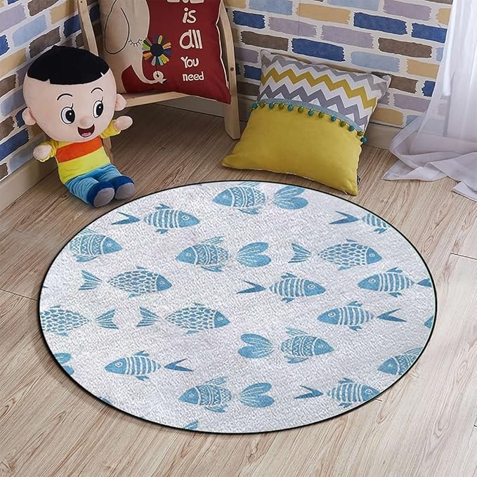 Ocean Animal Decor Gaming Chair Mat Round Floor Mats for Office Chair Computer Gaming Desk Mat for Rolling Chair Non-Slip Gaming Rug Fish Figures Hand Drawn Marine ArtworkBlue Diameter 39.3 in