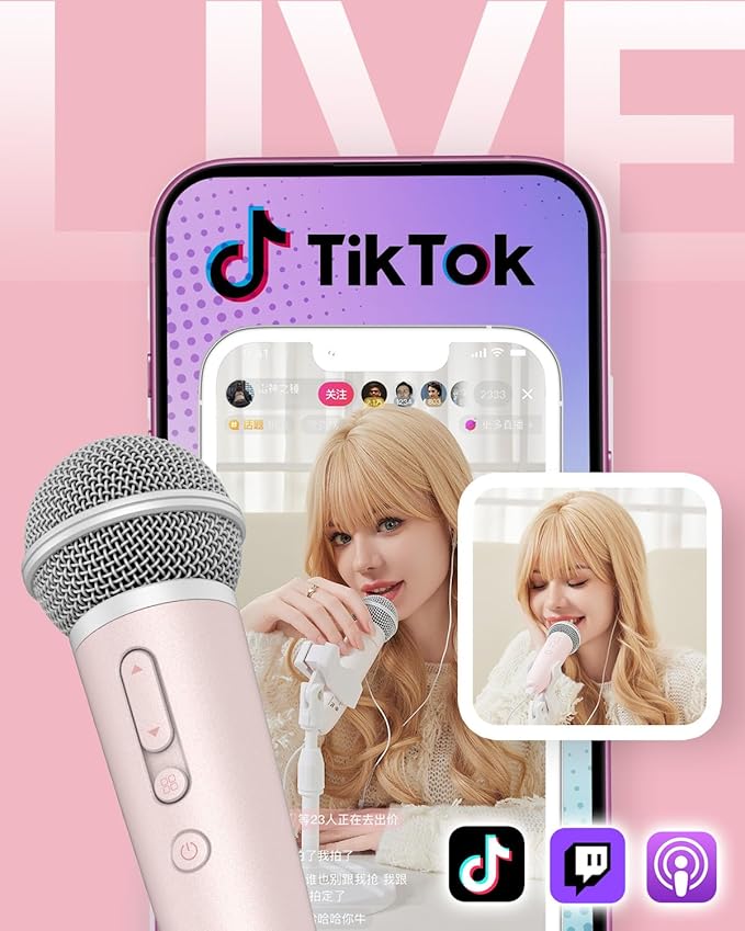 Singing Microphone with Earphone &amp Stand Ideal for Vocal Recording Podcasting Live Streaming Gaming Compatible with Smule &amp Starmaker &amp Stingray USB-C Dongle &amp Lightning Adapter