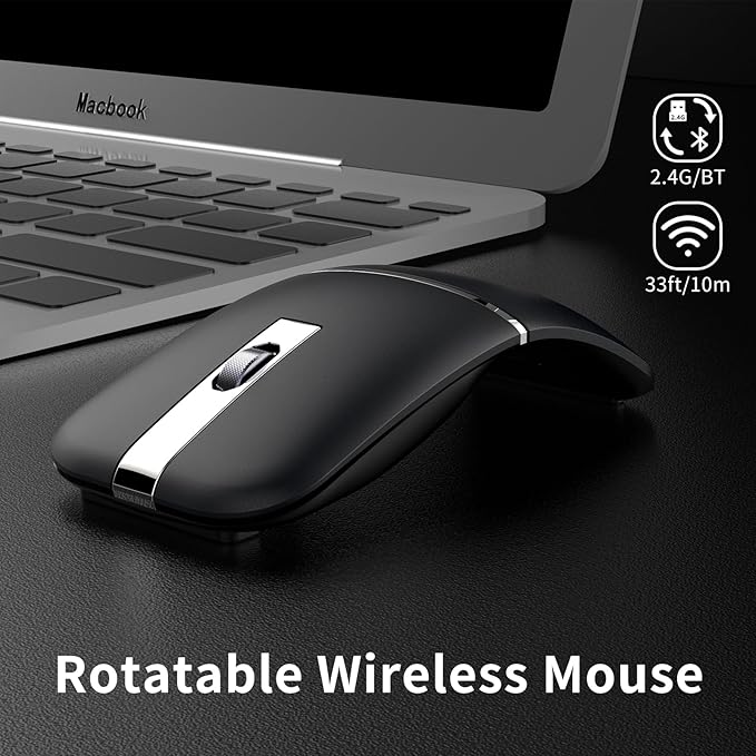 ACOZYKITTEN Arc Bluetooth Mouse Ultra-Thin Rechargeable Rotating Wireless Mice Dual Mode (BT5.0/3.0+2.4G) Portable Travel Arc Mouse Suitable for Laptop PC Mac Tablet iPad - Black