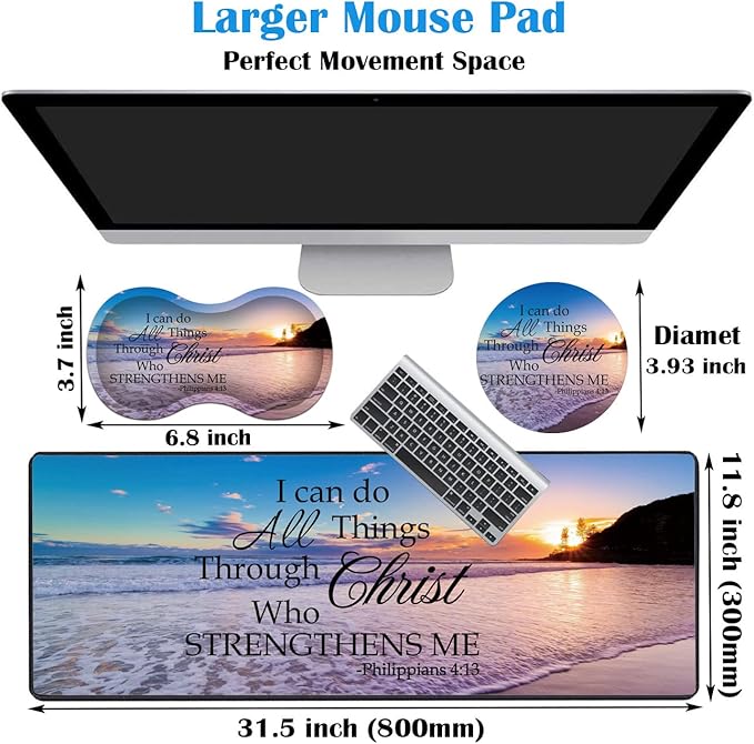 3 Piece Mouse Pad Set with Stitched Edge Large Anti-Slip Mouse Pad Desk Pad Keyboard Pad + Wrist Rest Pad + Coaster Memory Foam Wrist Rest for Office/Home Bible Verse Philippians 4-13