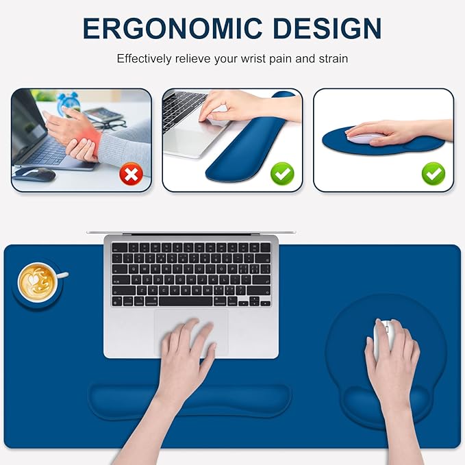 4 PCS Mouse Pad Desk Mat Protector Keyboard Wrist Rest + Comfortable Mouse Pad with Wrist Rest +Coaster Large Gaming Mousepad for Computer Laptop 35.4X 15.7 Deskpad for Office Home I Dark Blue
