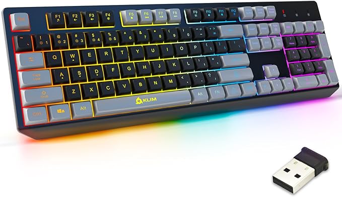 KLIM Chroma Wireless Keyboard – RGB Backlit Gaming Rechargeable Battery PC Keyboard Durable &amp Water-Resistant Compatible with PS4 PS5 &amp Mac - Black