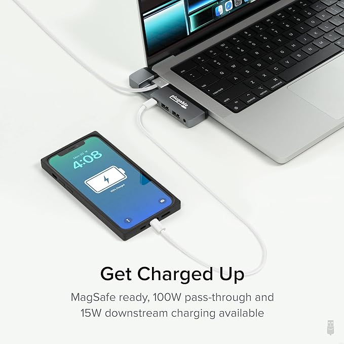 Plugable 5-in-1 USB C Hub for MacBook Pro &amp Air M1/M2/M3/M4/M5 - Thunderbolt 4 Compatible MagSafe Ready 40Gbps Data Gigabit Ethernet 2X USB 3.0 - Slim Portable Adapter with Pass-Through Charg