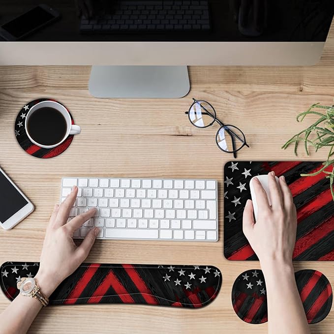 Keyboard Wrist Rest + Mouse Pad + Mouse Wrist Rest Support Set + Coaster Ergonomic Memory Foam Mouse and Keyboard Pad Set for Laptop Computer Office Home Working Gaming Wood Grain Flag