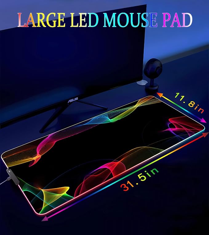 RGB Gaming Mouse Pad Large Mousepad with Led Light Gaming Accessories Keyboard Pad for Desk Non-Slip Rubber Base Big Mouse Mat for Gamer 31.5 X 11.8 Inch Colorful