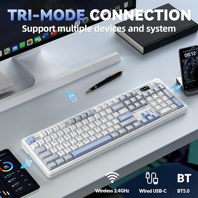 LINGBAO K108 Pro Wireless Mechanical Keyboard with Screen &amp Knob Full Size Creamy Keyboard with Number Pad 10000mAh Battery PBT Keycaps RGB Backlit Hot-swappable Gaming Keyboards