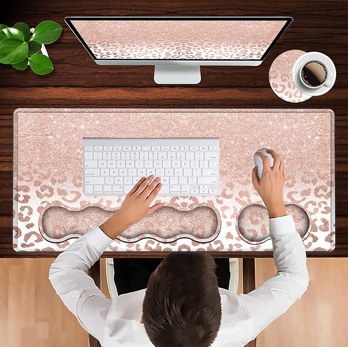 Large Mouse Pad and Gel Mouse Wrist Rest+ Memory Foam Keyboard Wrist Rest Support Set Non-Slip Rubber Base for OfficeHomeComputer Extended Gaming Mousepads XXL Leopard Star Pattern Pink Desk Mat