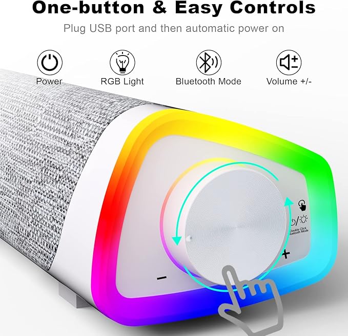 SOULION R30 Plus Bluetooth Computer Speakers All-in-One Control Button with 6 Modes LED Lights PC Speaker Wired USB Powered Surround Soundbar for Desktop Monitor Laptop White