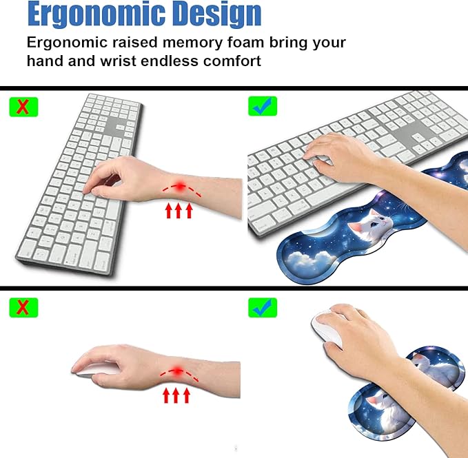 4 in 1 Ergonomic Memory Foam Mouse Pad Wrist Rest Set Large XXL Gaming Desk Pad + Keyboard Wrist Rest + Mouse Wrist Cushion + Coaster for Home Office Study Gaming Cute Cat