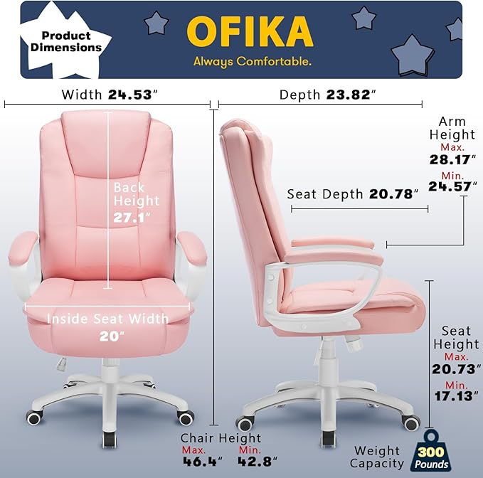 OFIKA Home Office Chair Ergonomic Desk Chair Adjustable Task Chair for Lumbar Back Support Computer Chair with Rolling Swivel and Armrest Modern Executive High Back Leather Chairs (Pink)