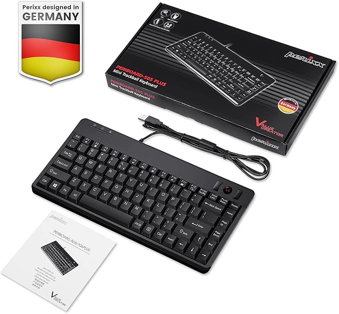 Perixx PERIBOARD-505H Wired Mini Keyboard with Built-in Trackball 0.55 Inch Trackball and 2 USB Hubs Black US English Layout