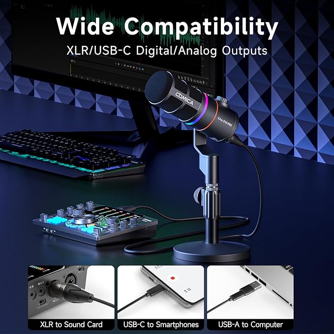 EJoy D10 PRO(D) COMBO Dual-Channel Wireless USB Gaming Microphone – RGB Dynamic Mic with Wired/Wireless Modes XLR/USB-C Real-Time Monitoring Studio Mic for Gaming Streaming Podcast Recording