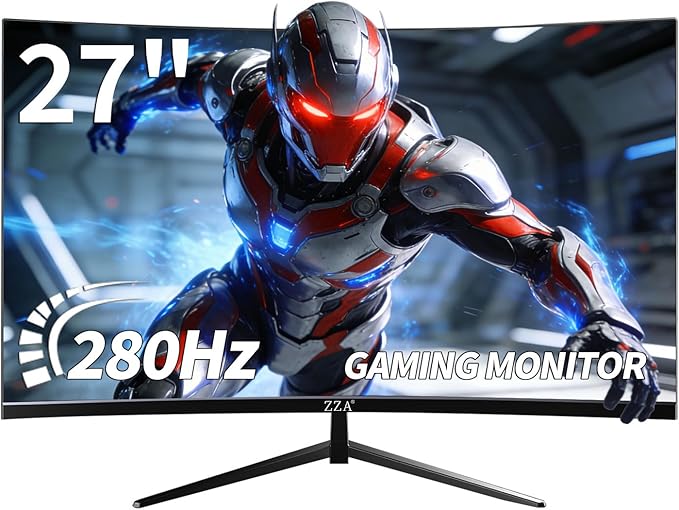 ZZA Monitor 27 inch 280Hz|240HzMonitor Gaming FHD 1080P 1800R VA Screen Curve Computer Monitor 100% sRGB 4000:1 Contrast HDR FreeSync1Ms Low Blue Light HDMI DP Ports DP Cable Incl