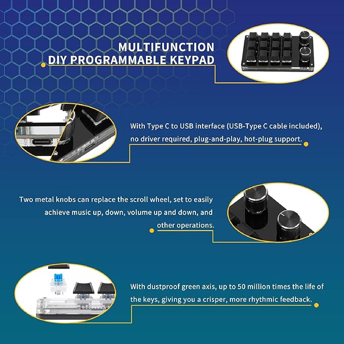 KUIDAMOS 12 Keys Macro Mechanical Gaming Keyboard Red Switch Knobs Programmable Wired Keyboard for ABS Acrylic Metal for Office Gaming Music Industrial Control