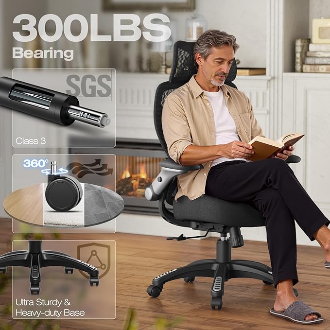 ELABEST X100 Ergonomic Mesh Office Chair Big and Tall Hone Desk Chair with 5D Flip-Up Arms Adjustable 3D Lumbar SupportGaming &amp Executive Computer Chairs for Long Hours Padded Seat