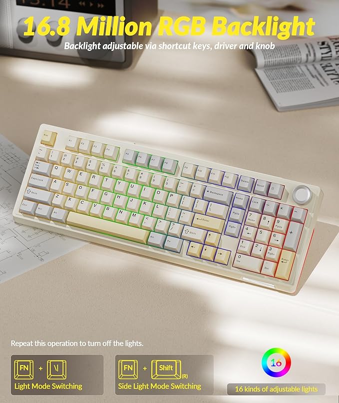 SOLAKAKA KI99 Pro 96% Wireless Gaming Keyboard RGB Creamy Keyboardw with Knob Hot-Swappable Pre-Lubed Switches Gasket Structure Mechanical Keyboards (Beige-White Non-Silent Version)