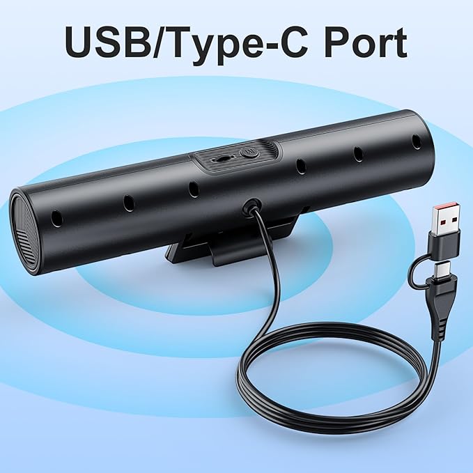 Computer Speakers for Desktop PC Monitor USB or Type C Plug-in Soundbar Clip-On Speaker Wired Laptop Gaming Speakers with Volume Wheel &amp One-Touch Mute Compatible with Mac Windows iPhone iPad