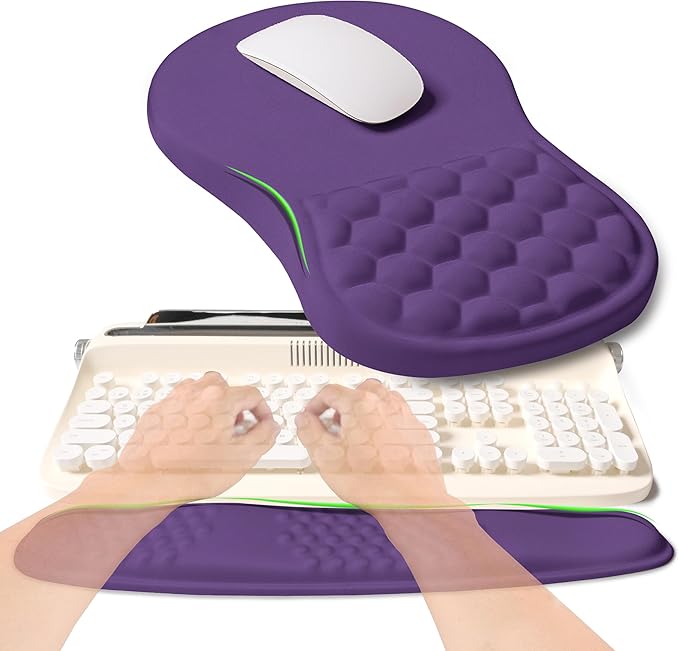 2-in-1 Ergonomic Set Wave Rise Keyboard Wrist Rest and Massage Bulge Slope Mouse Pad Wrist Support Cushion Memory Foam Integrated to Relieve Wrist Pain Dark Purple
