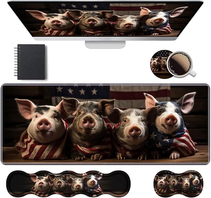 Ergonomic Keyboard Wrist Rest &amp Mouse Pad Wrist Rest Set Large XXL Gaming Desk Mat 31.5x 11.8 with Memory Foam Easy Typing Pain Relief for Office &amp Home Funny Piggy Wrapped in American Fl