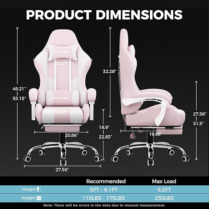GTPLAYER Gaming Chair with Footrest Computer Chair with and Lumbar Support Height Adjustable Game Chair with 360°-Swivel Seat and Headrest and for Office or Gaming (Pink-Fabric)