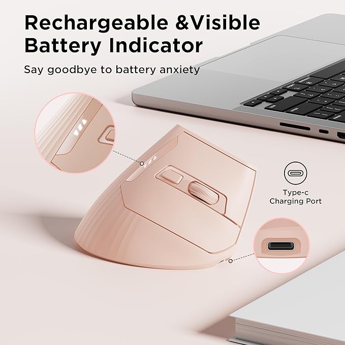 Uineer Ergonomic Wireless Mouse PinkBluetooth Vertical Mouse with BT5.0/4.0/2.4G Rechargeable with Battery IndicatorErgonomic Design for Comfort and Reduced Wrist Strain for HomeOffice Use Pink